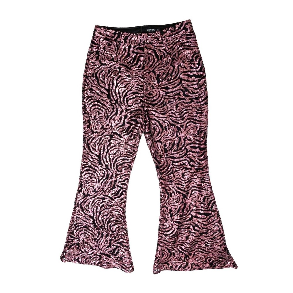 Nasty Gal‎ Abstract Animal Sequin Disco Pants Flare Trousers Pink Sz 10 NWT